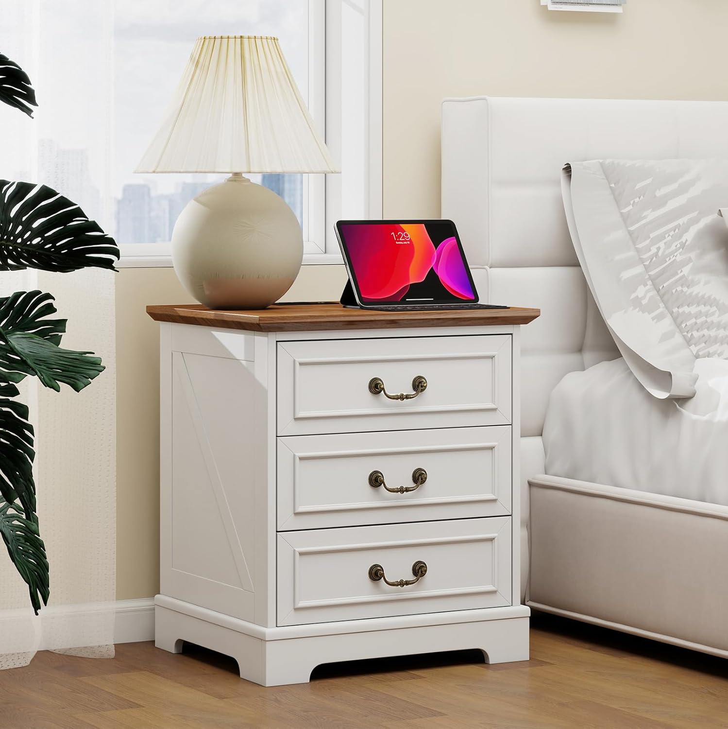 HOPUBUY 22" Farmhouse Nightstand Set of 2 with Charging Station, Wood Night Stand with Antique Handles, 3 Drawer Night Stand Tall Nightstand for Bedroom, Off White and Brown Top