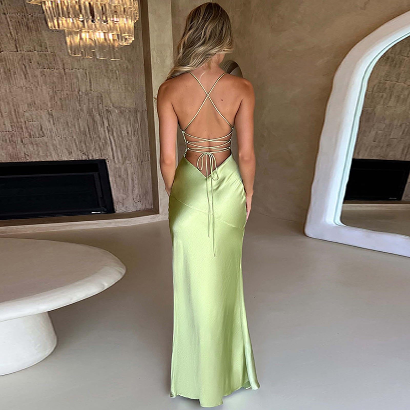 SUSHRUTA Vestido Largo Elegante De Satén con Espalda Descubierta para Mujer, Vestido Largo De Verano con Cuello En V Sin Mangas Y Abertura Alta para Fiesta En Club, Vestidos