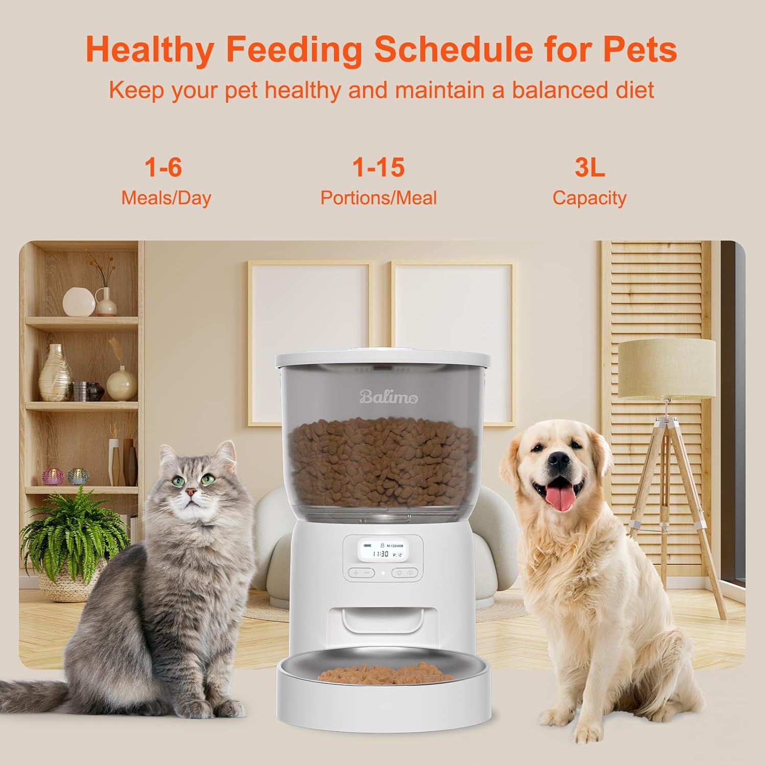 Image illustrating the healthy feeding schedule for pets, showing 1-6 meals/day, 1-15 portions/meal, and 3L capacity, with a cat and a dog next to the feeder.