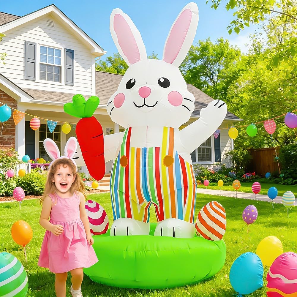 Easter Inflatables Outdoor Decorations - 6 FT Giant Bunny with Carrot & Eggs Yard Blow Up Decoration, LED Rabbit Lighted Lawn Decor for Holiday Party, Garden