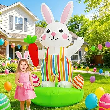 Easter Inflatables Outdoor Decorations - 6 FT Giant Bunny with Carrot & Eggs Yard Blow Up Decoration, LED Rabbit Lighted Lawn Decor for Holiday Party, Garden