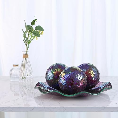 Miniatura 5 de MDLUU Juego de cuencos y bolas de centro de mesa, bandeja de mosaico con 3 esferas, plato decorativo de 12 pulgadas con orbes de mosaico de 4