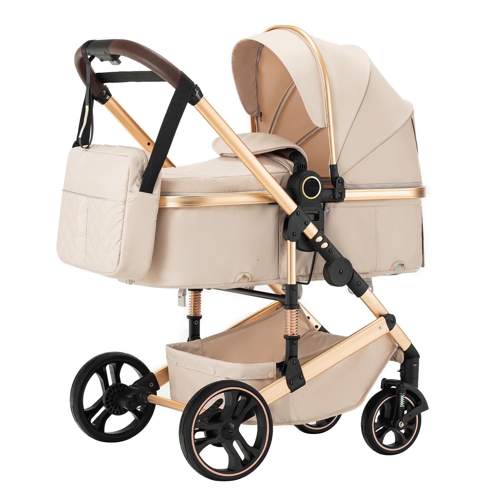 Cochecito 3 en 1 Shineey con manillar regulable en altura, sistema de viaje 3 en 1, silla de paseo ligera y plegable, cochecito con estructura de aluminio para un transporte portátil (BEIGE, H9)