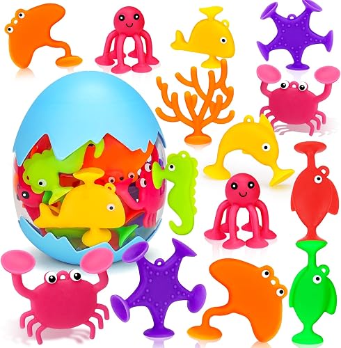 Toddler Suction Cup Bath Toys, Ocean Animal Bath Toys for Kids Ages 1-3 4-8 No Hole Mold Free Bathtub Toys for Toddlers 2-4 3-5 Kids Travel Window Building Toys for 2 3 4 5 Year Old Boys Girls Gifts