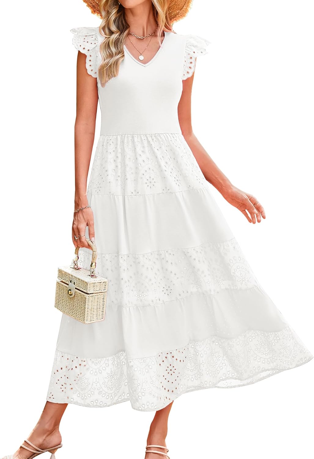 GRACE KARIN Women Summer Maxi Dresses Casual V Neck Ruffle Sleeve Lace Eyelet Tiered A Line Flowy Sundress with Pockets Off-white Large