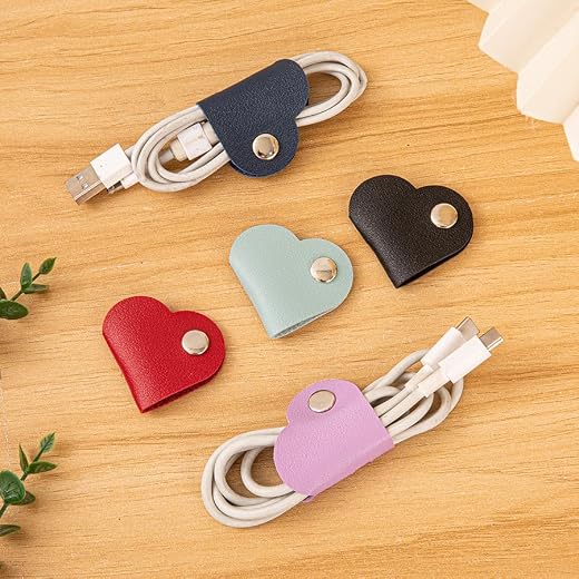 11 Pcs Heart Shaped Faux Leather Cable Organizer Clips, Snap Button Cord Winder Keeper for Earphone USB Charging Wire Storage
