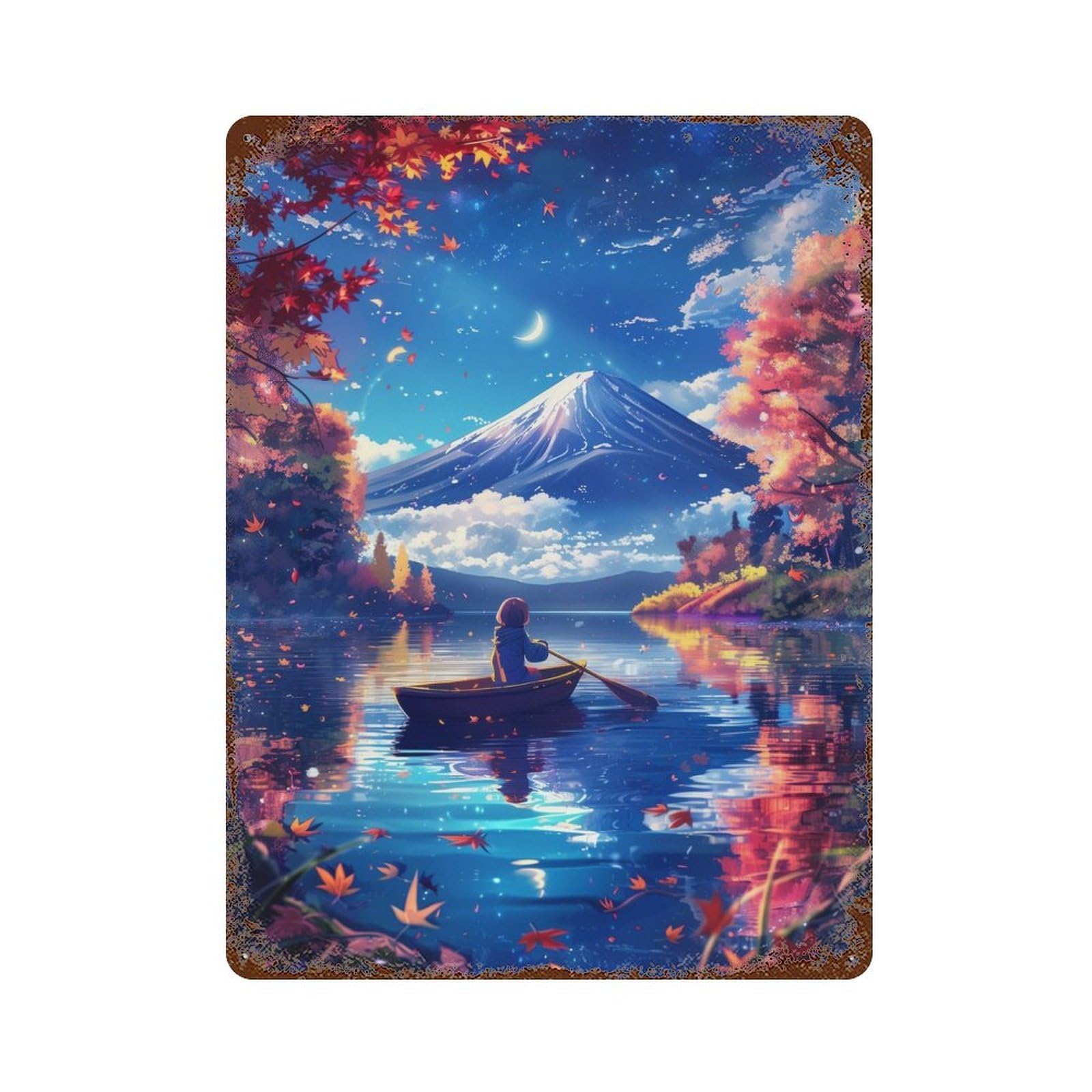 Garage Style Cherry Blossom Fuji Mount Weathered Tin Sign 15.7"x11.8", Classic Wall Plaque for Bar And Workshop