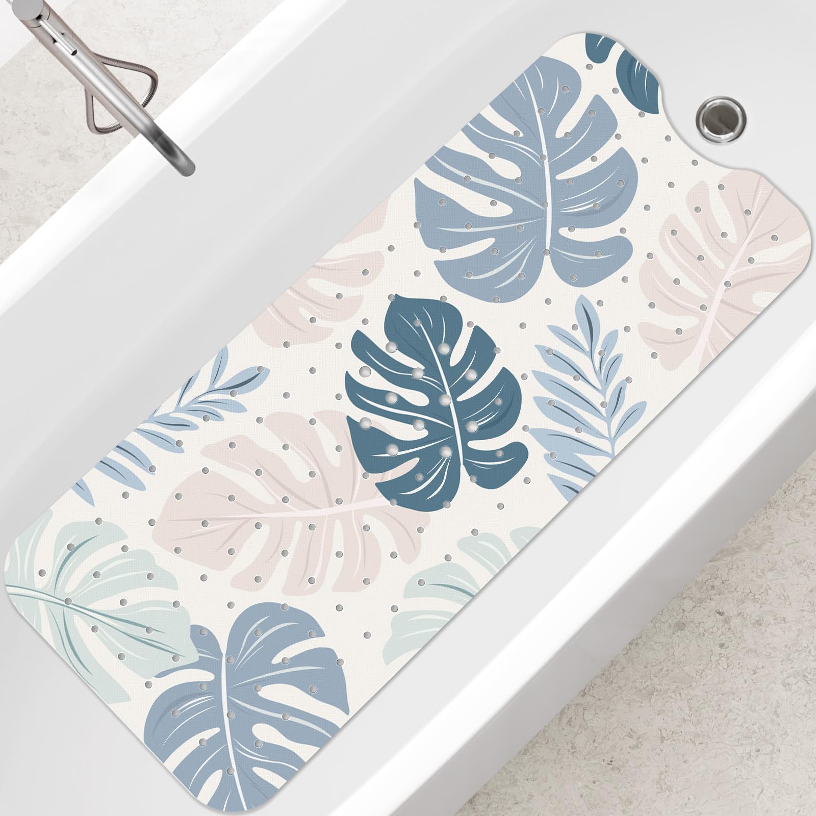 SHUCHING Boho Leaves Bath Mat Non Slip Anti Mould, 100 X 40 cm Extra Long Bathtub Mat Anti Slip