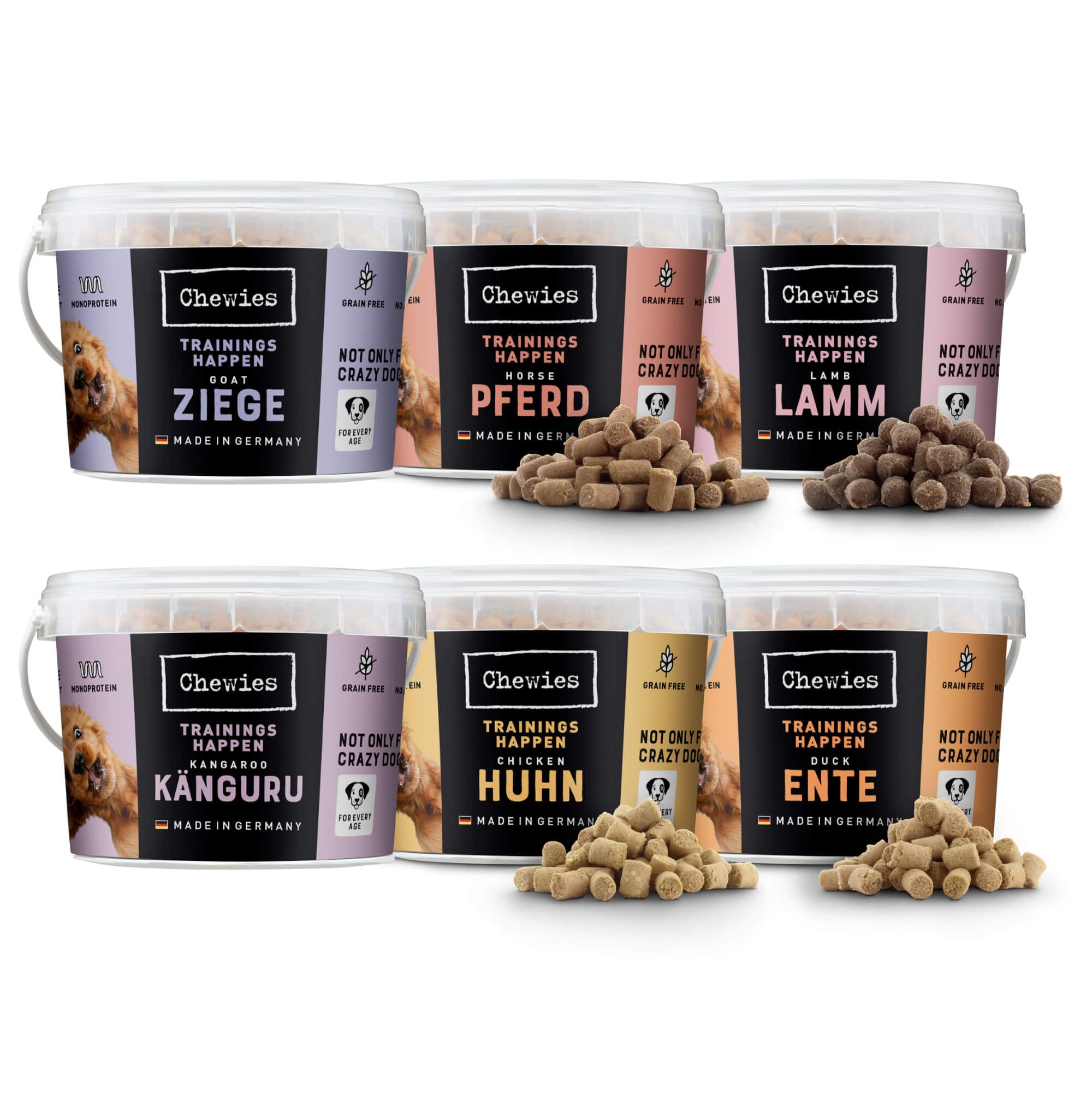 Chewies Trainings-Happen Mélange de friandises pour Chien sans céréales, Douces et sans Sucre – Friandises monoprotéines pour Chien dans Un Seau refermable – Fabriqué en Allemagne (6 x 300 g)