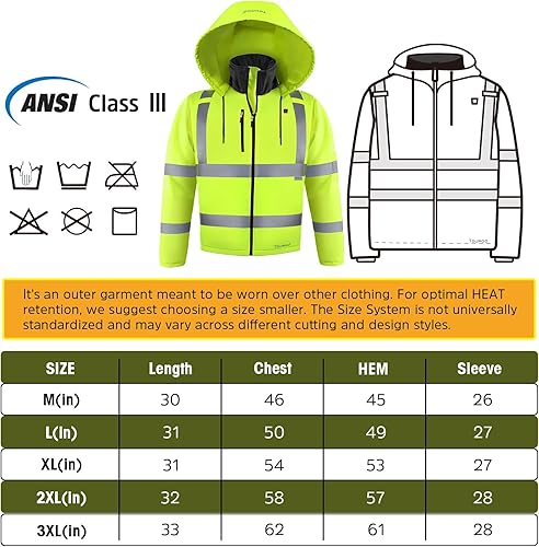 Miniatura 6 de Chaqueta de seguridad térmica para hombre con batería de 12 V 16000 mAh, capucha desmontable ANSI Clase 3, abrigo térmico Hi Vis