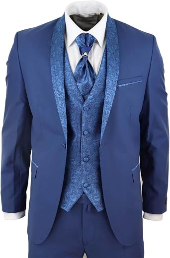Mens 4 Piece Wedding Suit Groom Shawl Collar Vintage Blue Cravat Tailored Fit