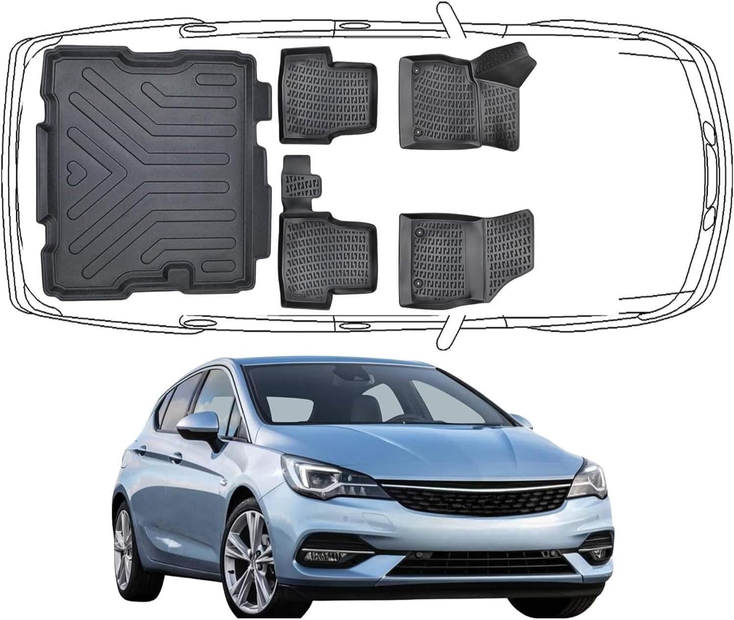 Trimak Fussmatten & Kofferraumwanne für Opel Astra K Hatchback 2015-2021 | **ohne Ersatzrad Modell**, 3D Gummimatten & Kofferraummatte aus TPE Gummi, Passgenau, Wasserdicht, Hoher Rand, Rutschfest
