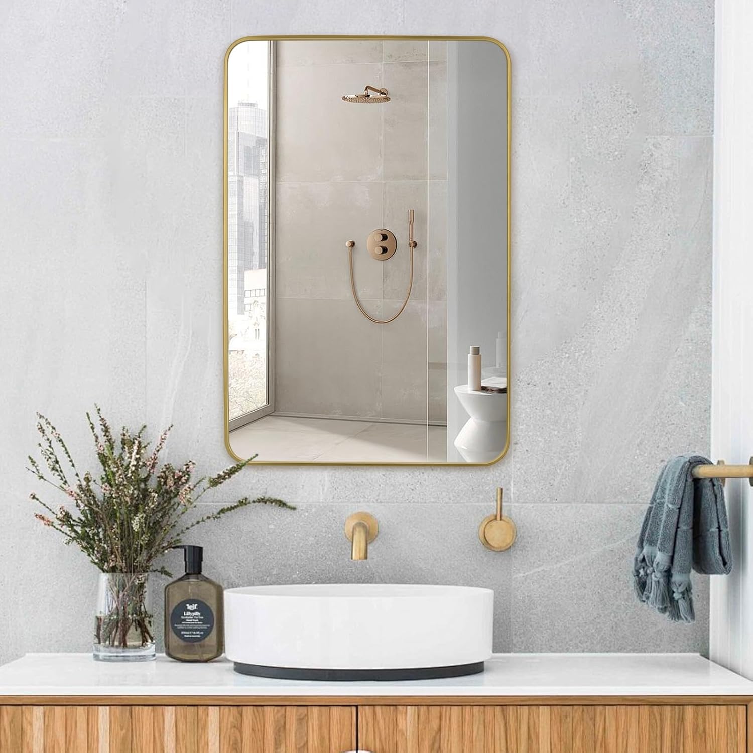 Gold Wall Mirror for Bathroom 30X42 Inch Stainless Steel Metal Frame Bathroom Vanity Mirror Rounded Rectangle Mirror Rustproof for Entryway, Living Room Hangs Vertically or Horizontally 42"L x 30"W Gold