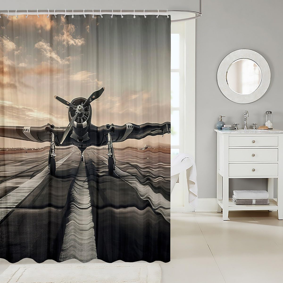 Manfei Airplane Shower Curtain,Vintage Aircraft Photography Decorative Bath Curtain,Military Style Gray Home Bathroom Decor Polyester Fabric Waterproof 72 x 84 Inches