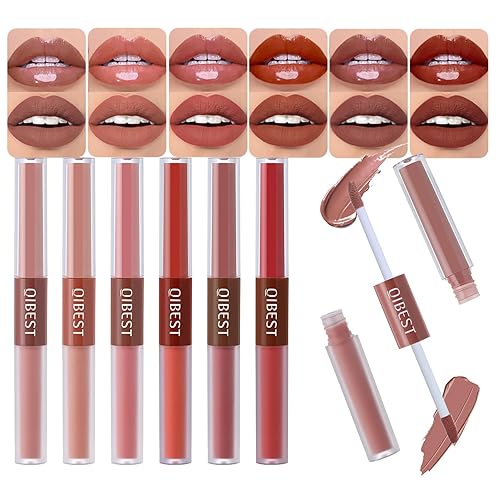 Juego de lápices labiales líquidos mate, 6 colores 2 en 1, kit de brillos de labios mate, esmalte labial negro de terciopelo para mujeres, tinte de