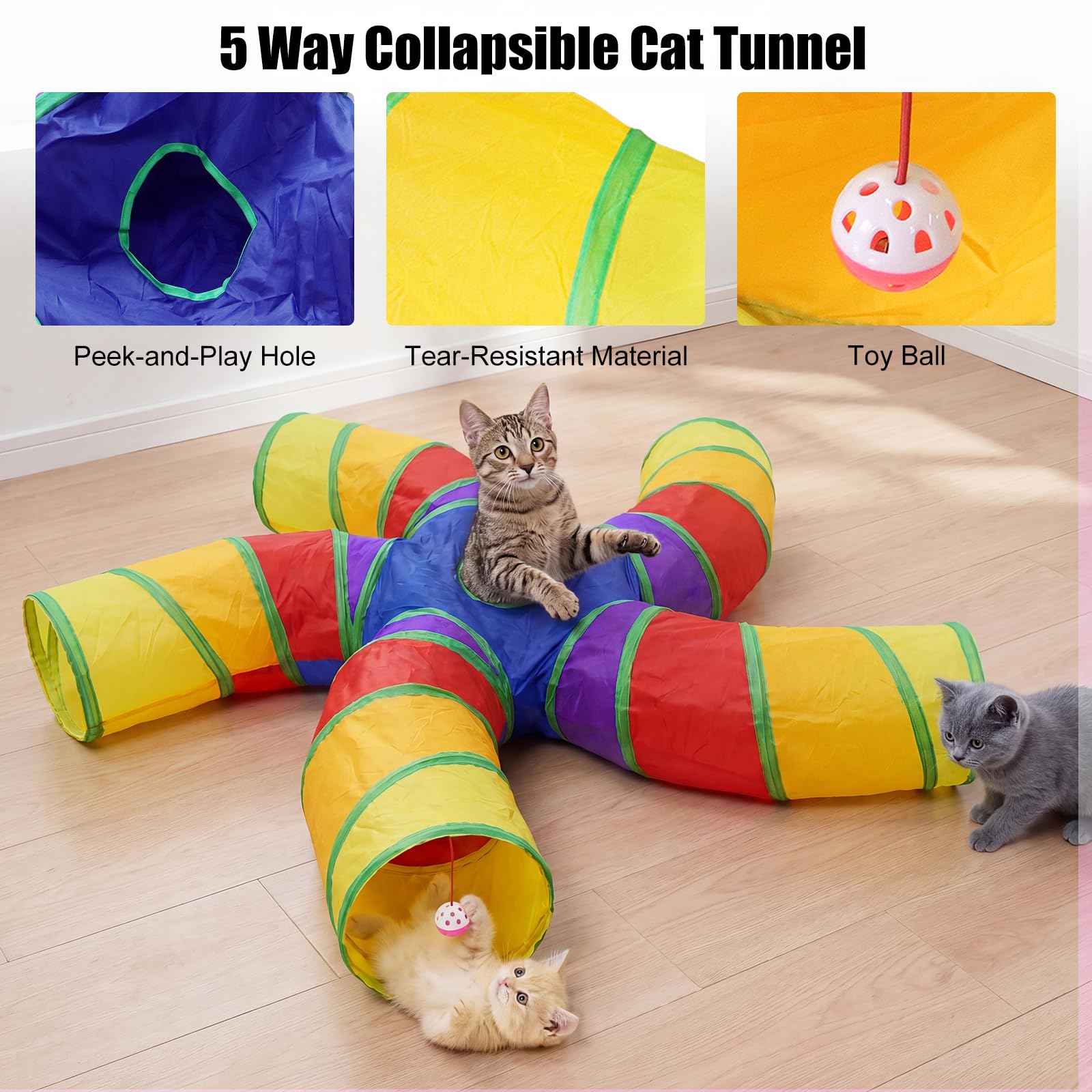 Bemodst Tunnel pour Chat d'intérieur, 2 Voies, 3 Voies, 4 Voies, 5 Voies, 5 Voies, Tubes et Tunnels Pliables en Forme de S pour Petits Animaux, Labyrinthe interactif pour Chaton, Lapin (5 Voies