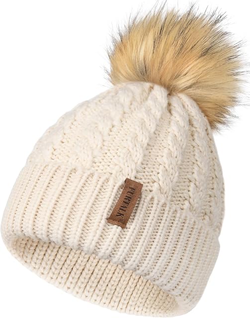 FURTALK Womens Cable Knit Bobble Hat Winter Thermal Thick Cotton Lined Beanie Hats with Detachable Pom Pom