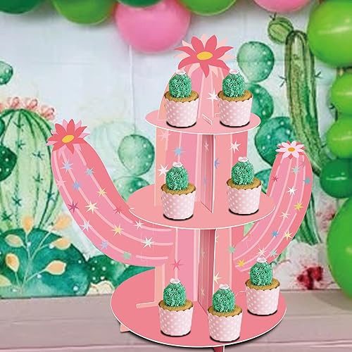 Miniatura 5 de Soporte para cupcakes de cactus rosa, 3 niveles, para el primer cumpleaños de rodeo de niñas, despedida de soltera con texto en inglés "Let's Go