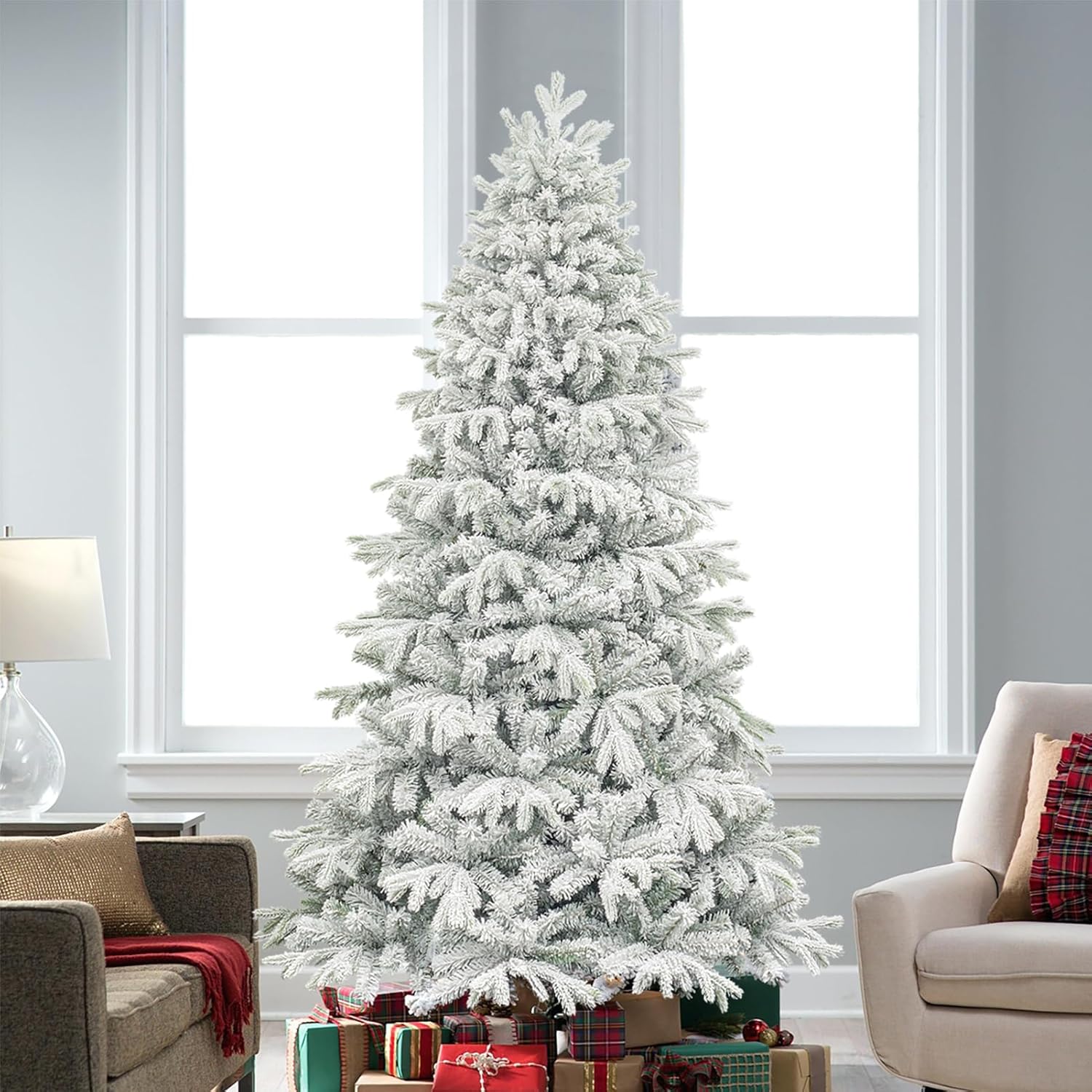 KI Store 7ft Flocked Christmas Tree Unlit Realistic Downswept Artificial Hinged Christmas Fir Tree with Snow Flocking White