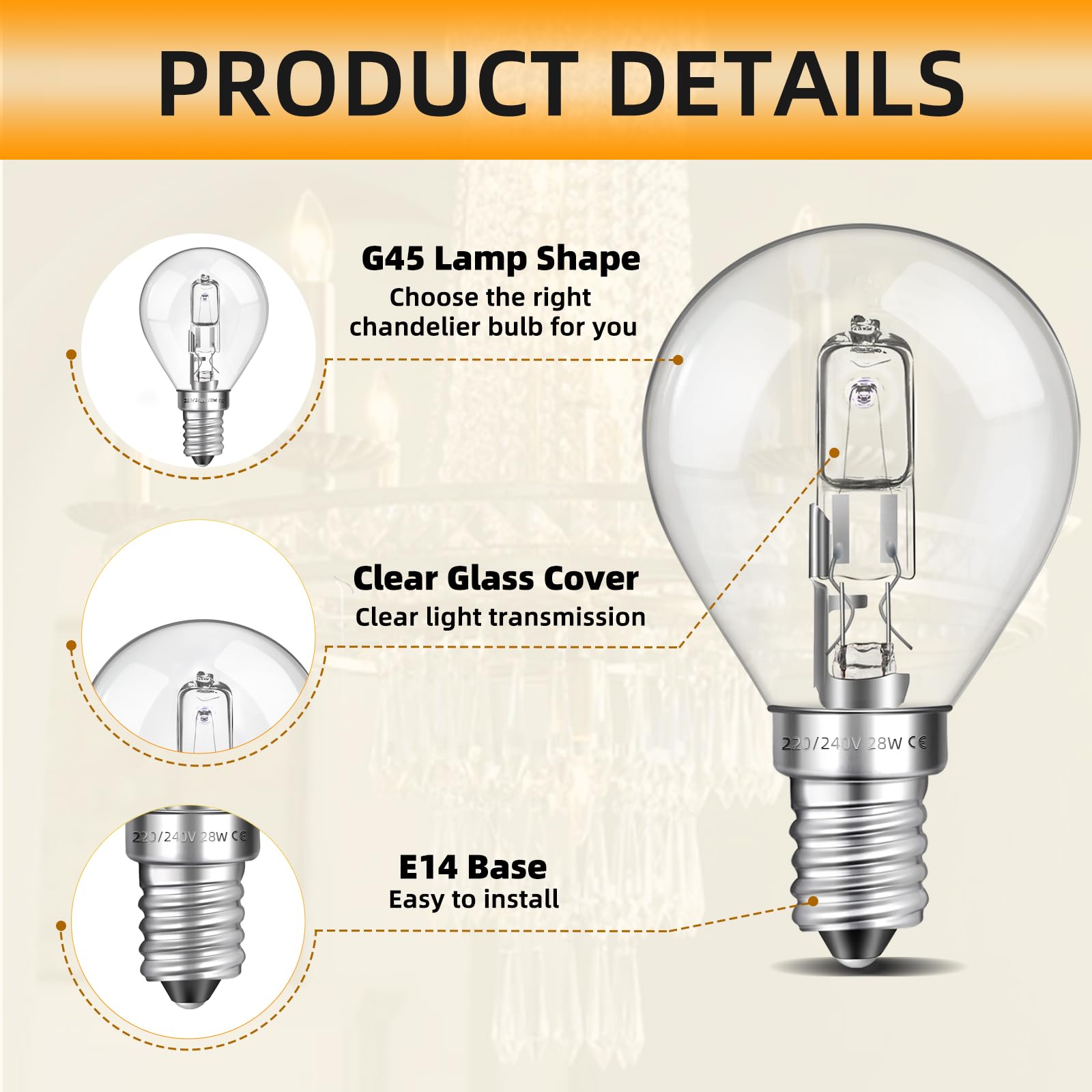 6 Ampoules Halogènes G45 E28 28W - Dimmable, Blanc Chaud 2700K, Transparentes
