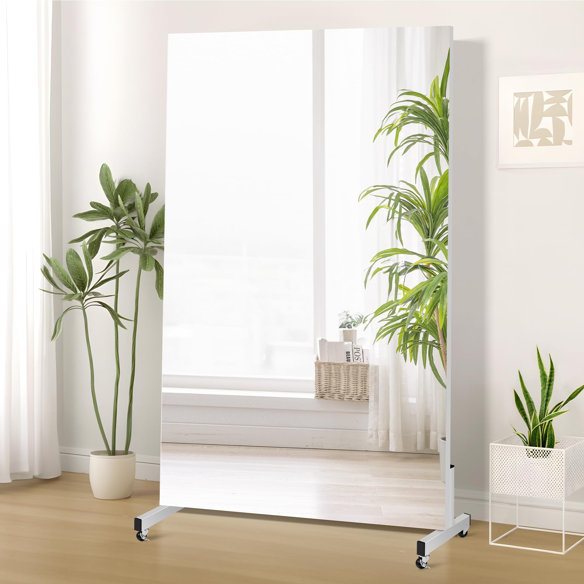 brisafe Espejo de Cuerpo Entero, 170 x 100 cm, Grande Espejo de Pie con Ruedas, Espejos Irrompible con Marco de Aluminio Blanco, Giratorio 360° para Gimnasio en Casa, Dormitorio, Entrada y Pasillo