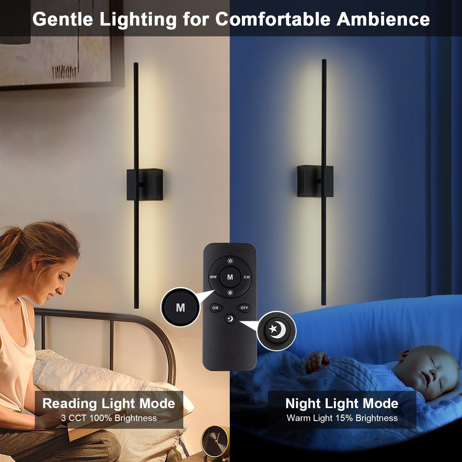2 Piezas Apliques de Pared LED Sin Cable, USB Recargable Lámpara de pared con Mando y Control Táctil, 6000mAh Batería Luz de Pared Regulables, 350° Giratorio, para Sala de Estar Dormitorio, Negro 80CM