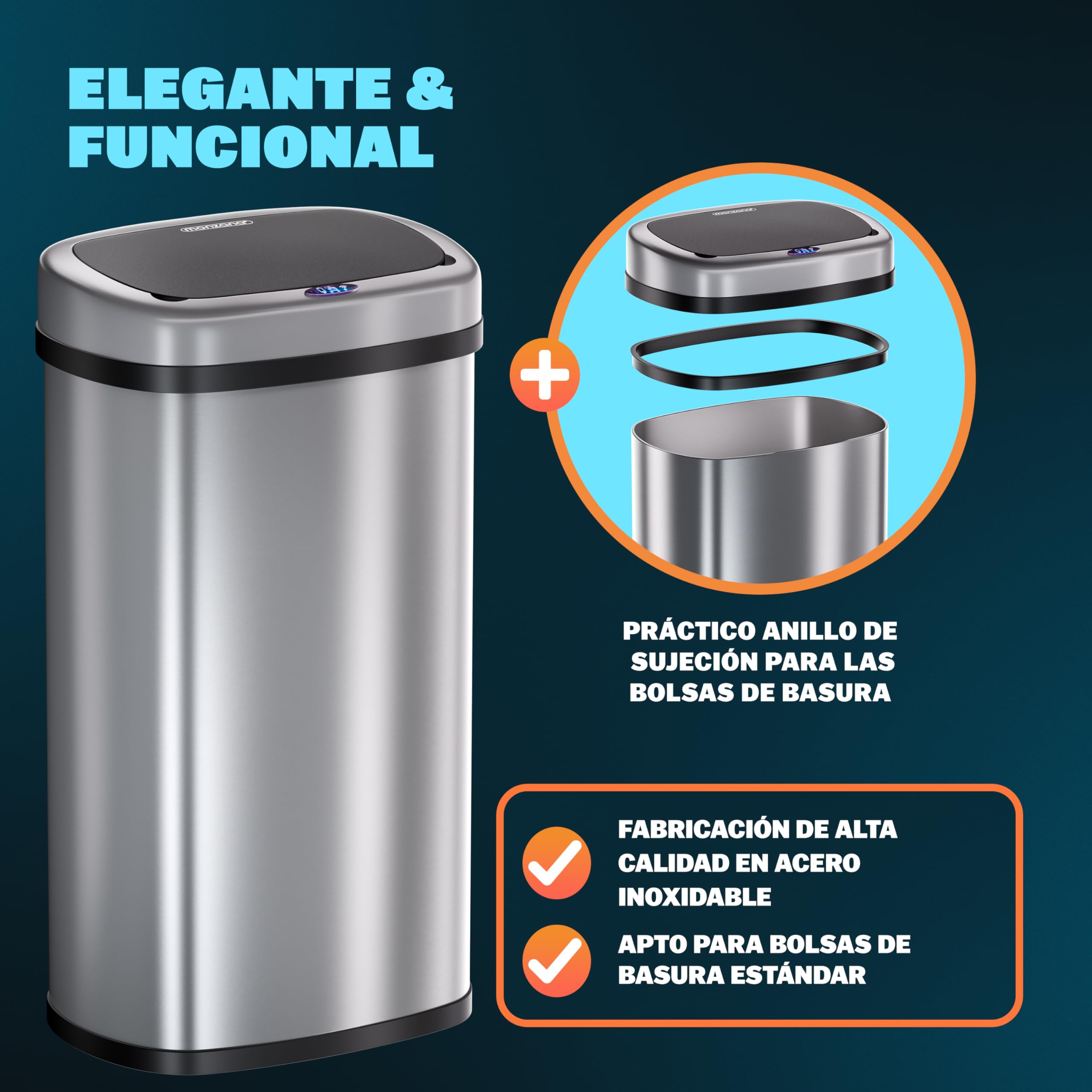 Monzana® Cubo de Basura Cocina con Sensor 58 L Acero Inoxidable Tapa Automática Extraíble Anillo Seguridad Indicador LED Cable USB Casa Oficina Plata