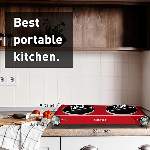 Miniatura 4 de Techwood Placas calientes dobles para cocinar, estufa eléctrica de 1800 W, quemador infrarrojo de cerámica para encimera con temperatura ajustable
