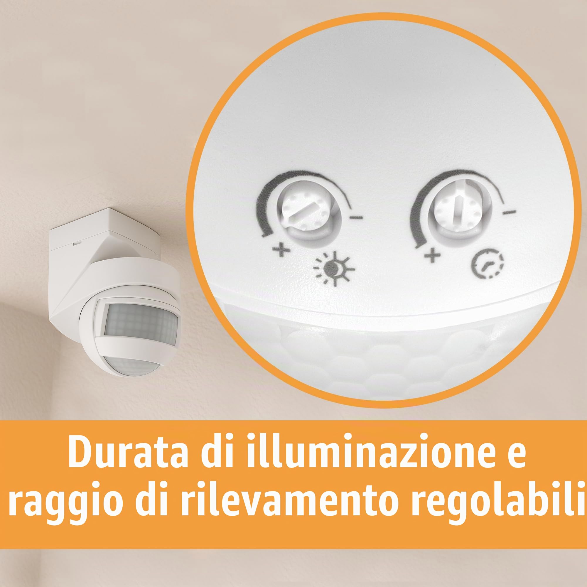 SSC-LUXon KELEA - Rilevatore di movimento bianco per esterni e interni, IP54, per parete, soffitto e angoli, sensore PIR fino a 12 m, angolo di 180° e orientabile a 360°, con sensore crepuscolare