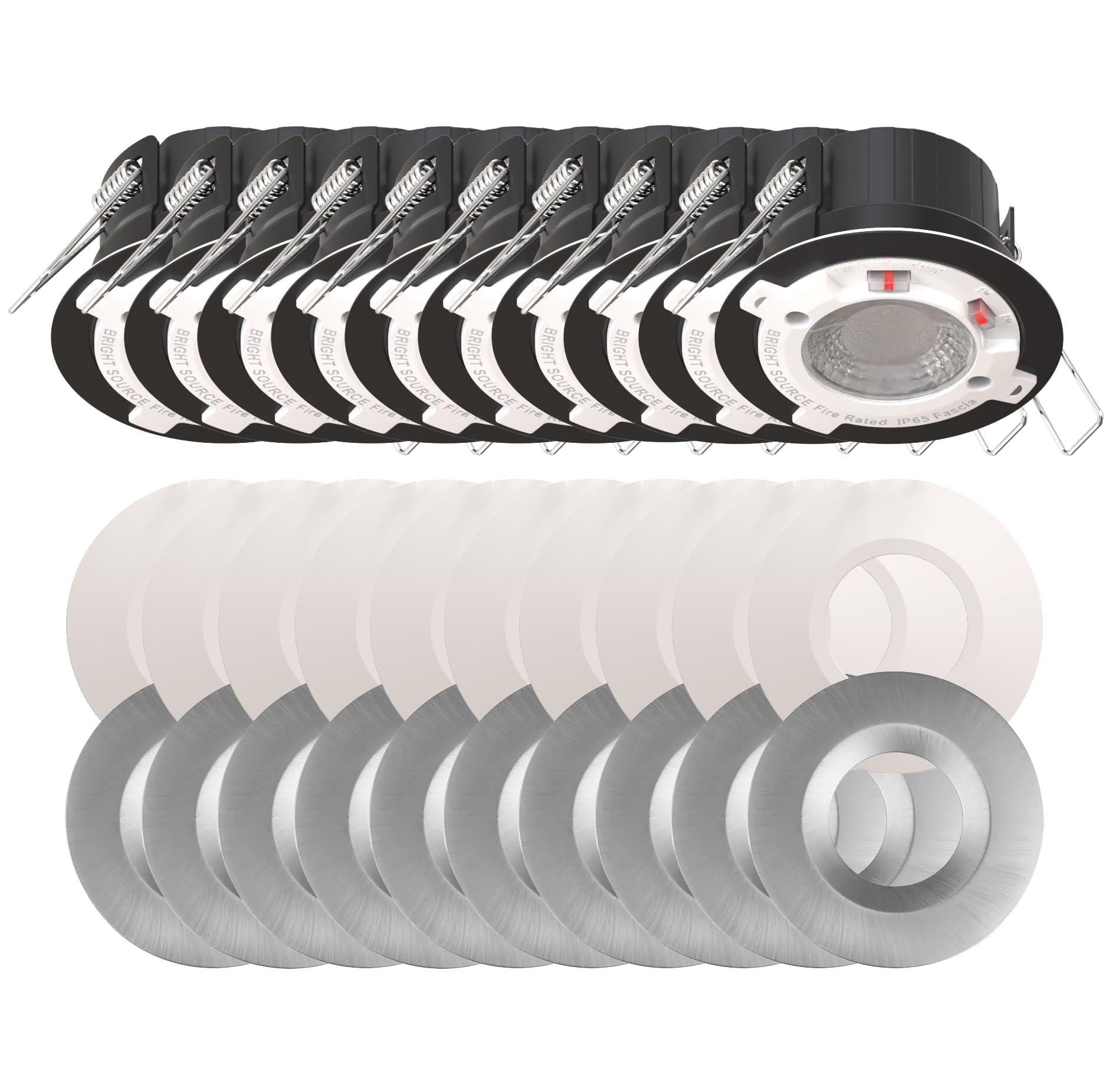 Bright Source All in One Switchable Wattage 4W/6W Integrated LED Downlight, White & Brushed Steel Bezel Bundle, TRIAC Dimmable, Adjustable Colour 2700K 3000K 4000K 6000K, IP65, Fire Rated, 10 Pack