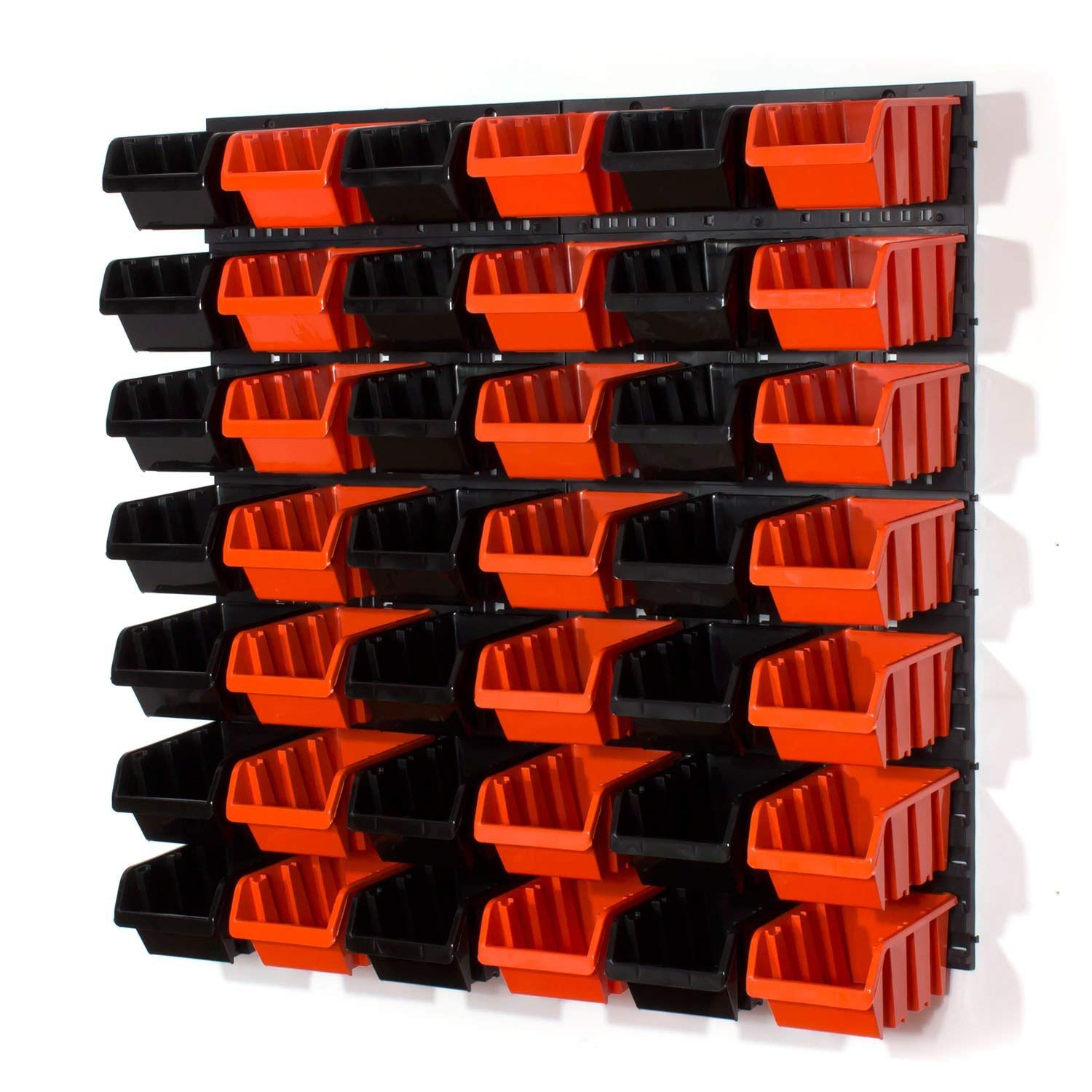 Set 4 pannelli per officina con kit di 42 contenitori Inbox misura 3 nero e arancione