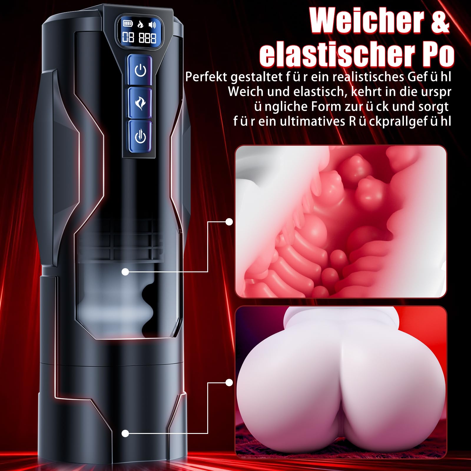 Masturbieren für Männer Masturbator, Sex Spielzeug für die Männer - Realistisches Po-Design, Taschenmuschi Masturbatoren mit Heizfunktion & 10Vibrationsmodi 7Stoßmodi, Sexspielzeug Penispumpe