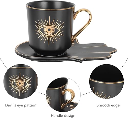 Miniatura 8 de Hemoton Taza de café de ojo azul turco con platillo, juego de taza de cerámica contra el mal de ojo, símbolo de protección, amuleto, taza de té,