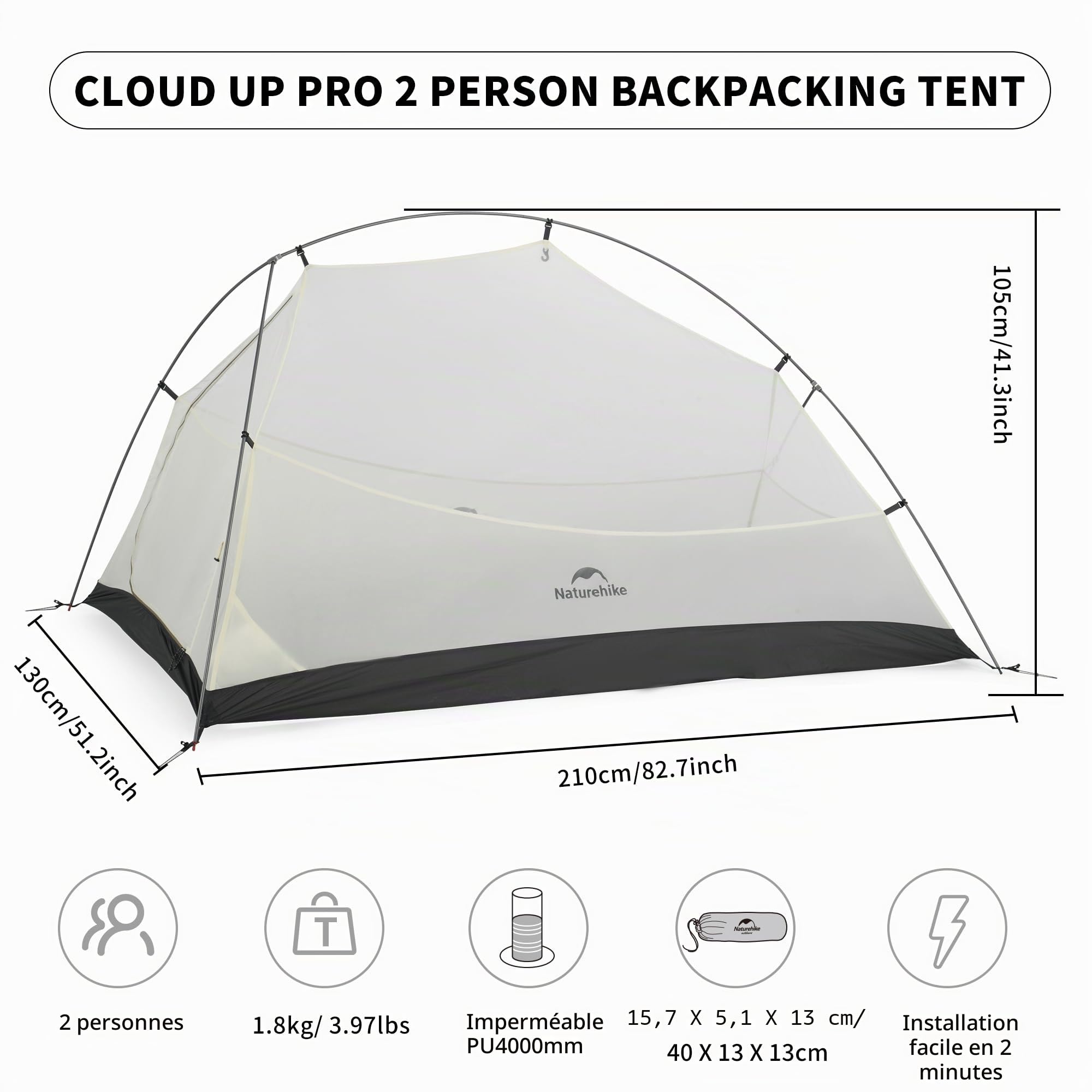 Naturehike Cloud-Up Pro Tente de camping légère pour 2 personnes, facile à installer, coupe-vent et imperméable, tente dôme pour les voyages en plein air, le trekking