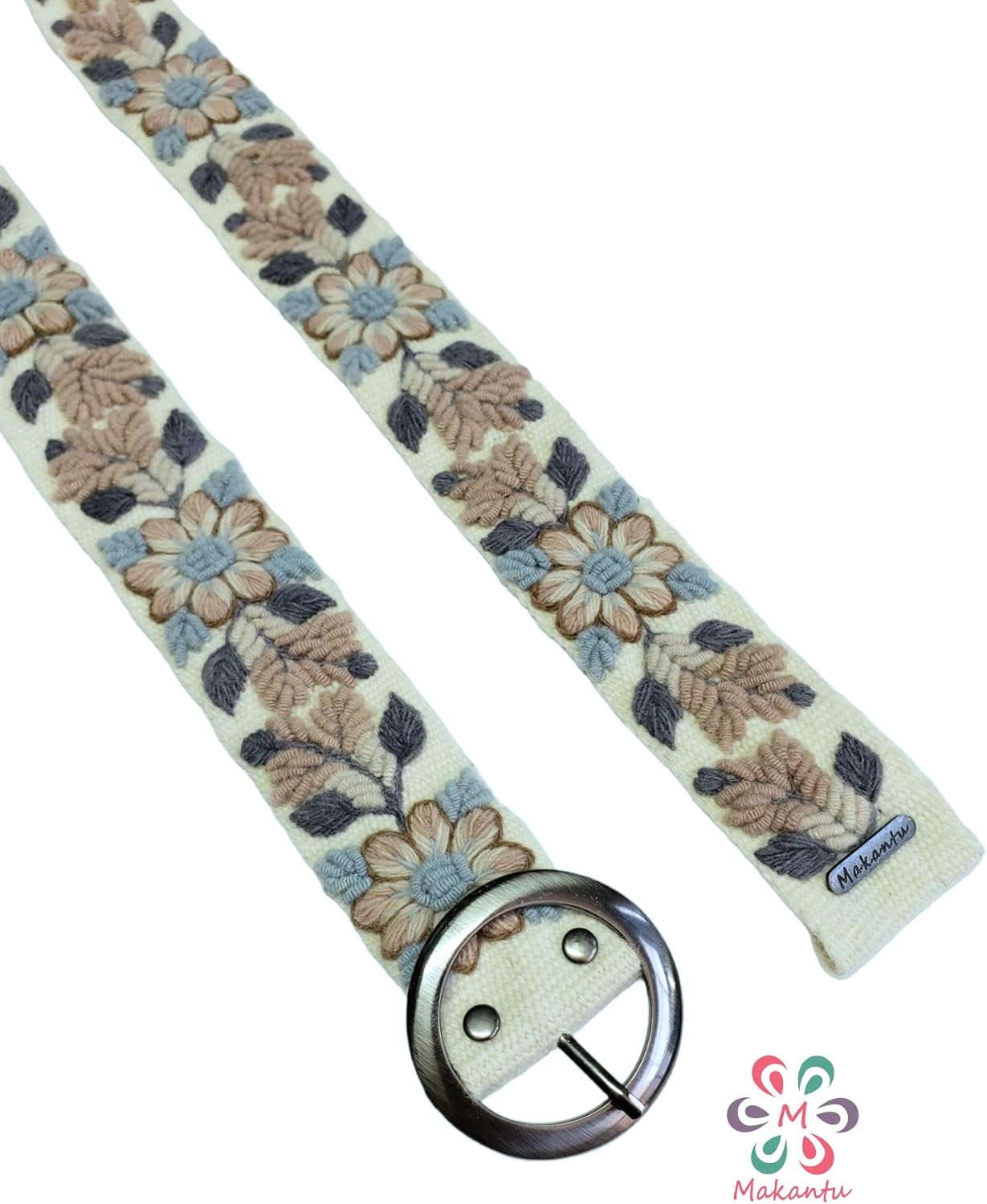 Ivory belt with peach flowers, handmade embroidered with natural wool in Peru, artistic floral design, woman gift, XS, S, M, L, XL