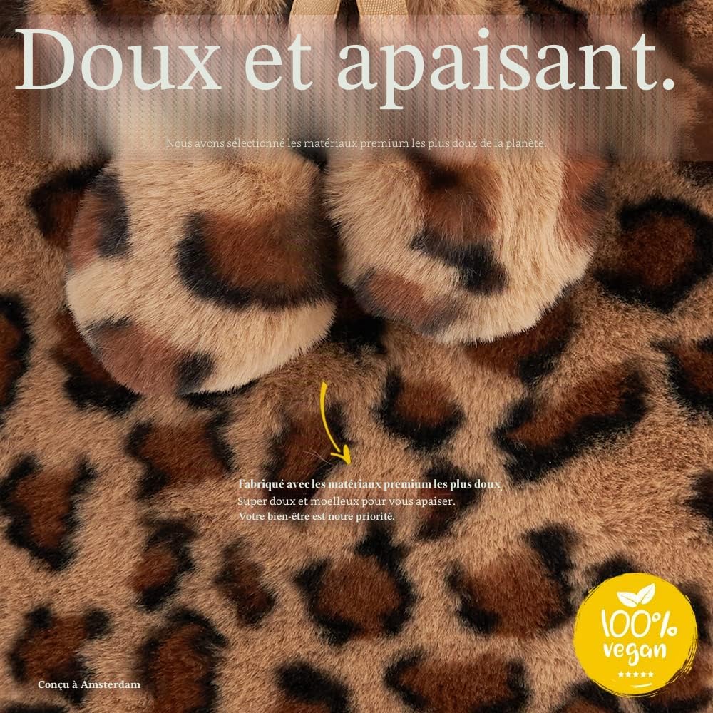 Bouillotte – ​avec housse en polaire douce haut de gamme ​+ ​pompons – ​Léopard marron, 2 ​L – ​Coussin chauffant pour les crampes menstruelles – ​Compresse chaude et froide