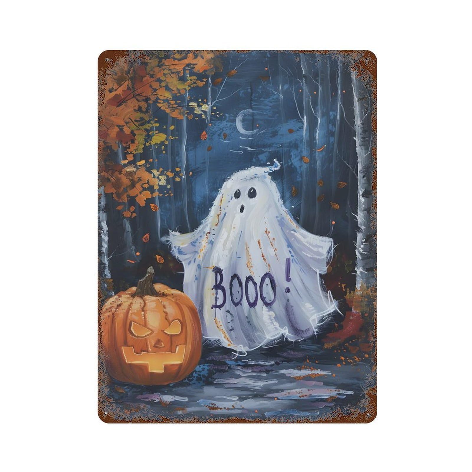 Garage Style Ghostly Halloween Forest Distressed Metal Wall Sign 15.7"x11.8", Decorative Metal Wall Art for Bar And Workshop