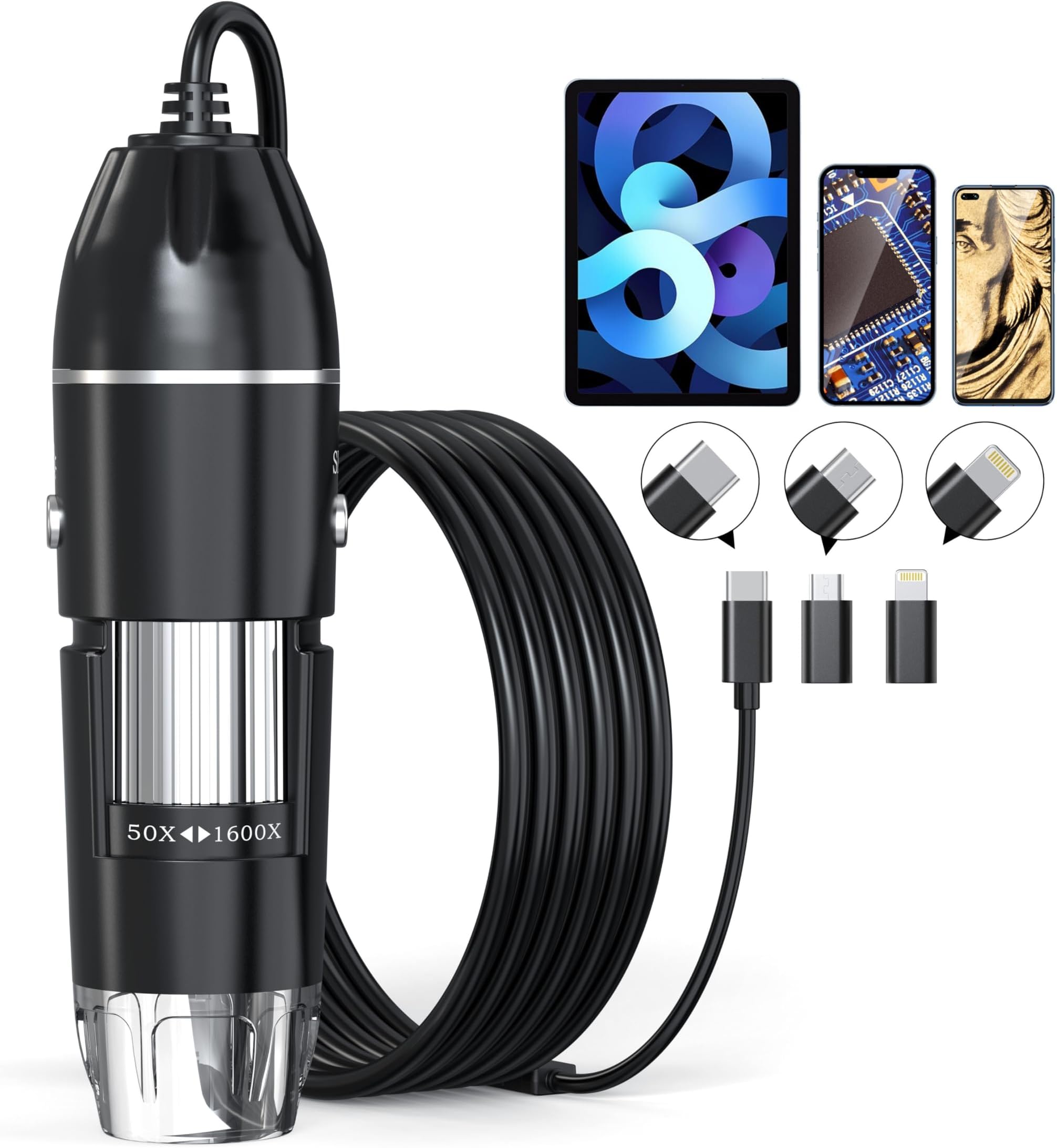 USB Digital Microscope, 50x-1600x Magnification Handheld, 1920P HD 8 LED Lights, Portable Pocket Microscope, Compatible with iOS and Android Devices, +2MP Magnifier Camera, No PC Support