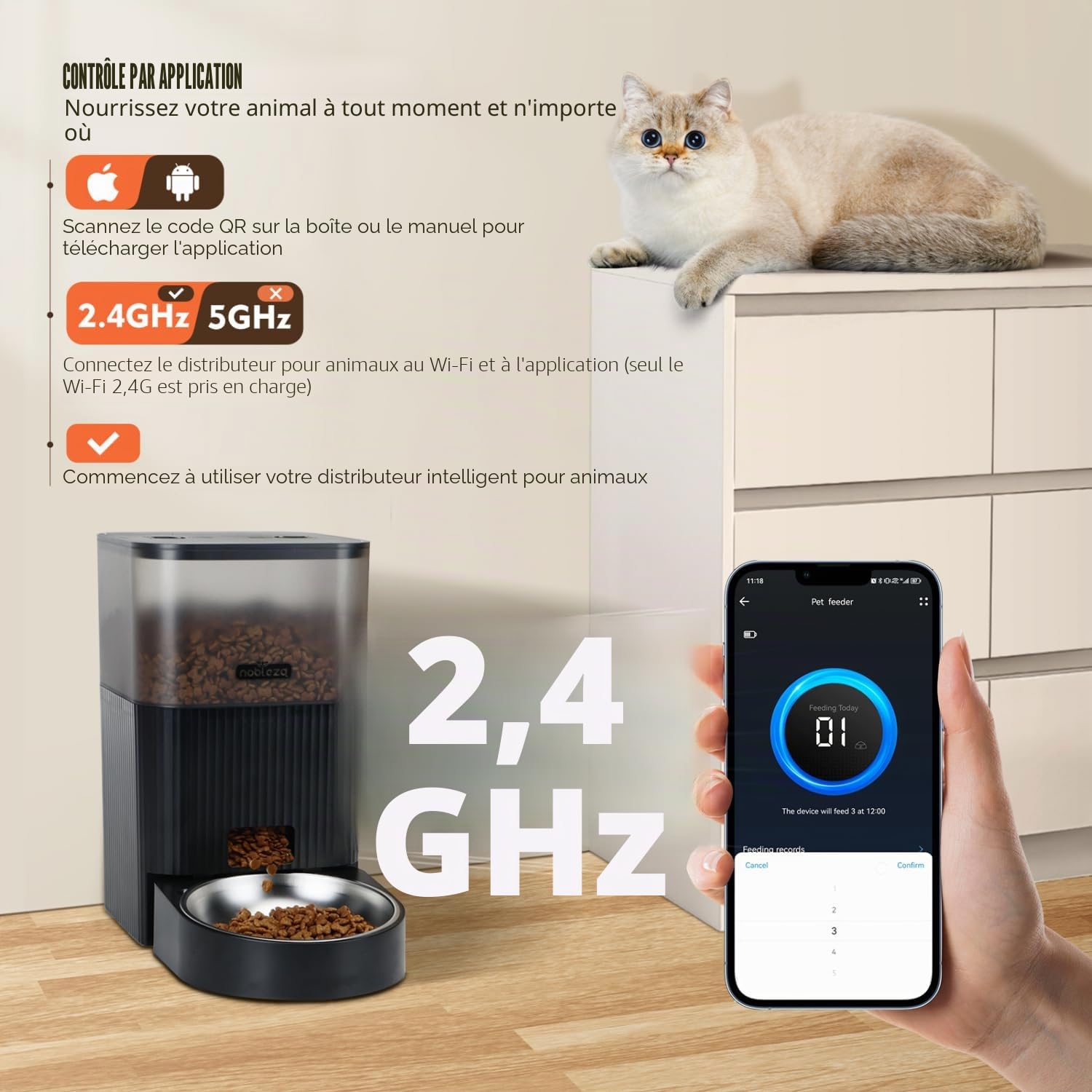 Nobleza - 4.2L Distributeur Automatique de Croquettes - Mangeoire WiFi Intelligente avec APP, 1-10 Repas/Jour, Idéal pour Chats et Chiens, Nourriture Programmable, Noir