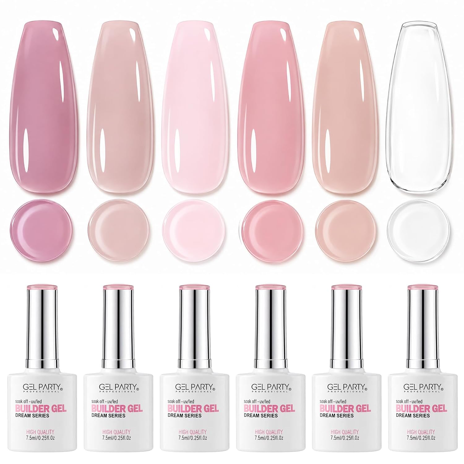 Builder Gel in Bottle Kit, 6 Colors Rose Beige Nude Collection, 7.5ml BIAB Set for Nail Extensions, Self-Leveling Soak Off UV/LED, HEMA & TPO Free (SET 01)