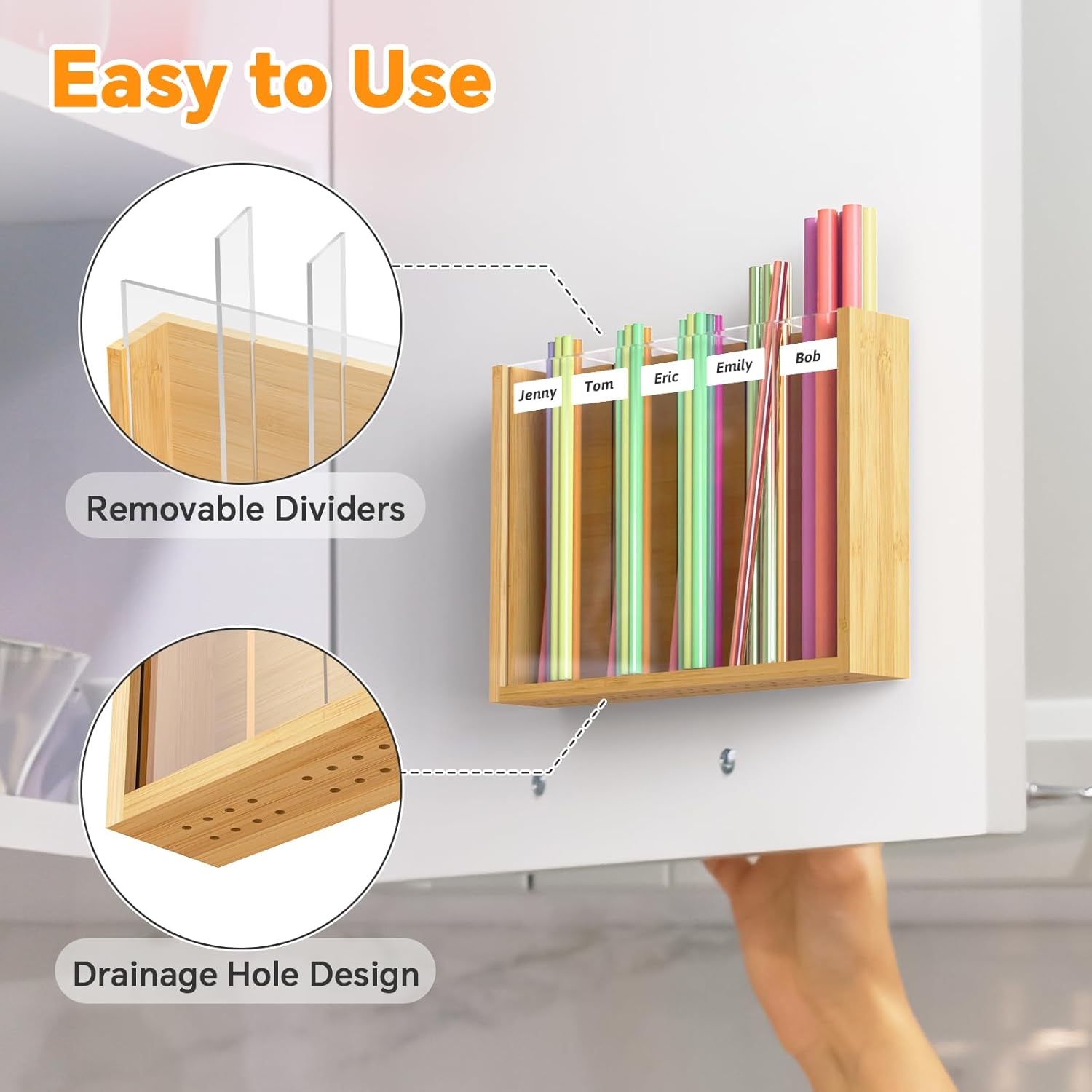 NiHome Wall Mounted Bamboo Straw Holder & Organizer with Acrylic Front, Large Capacity Straw Dispenser for Cabinet Door, Adjustable Compartments for Utensils & Dry Storage, Writable Label Stickers - Image 2