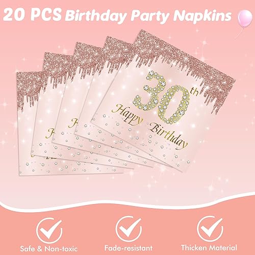 Miniatura 5 de 62 piezas de decoraciones de cumpleaños número 30 para mujer, suministros de fiesta de cumpleaños de oro rosa incluyen 40 platos, 20 servilletas y