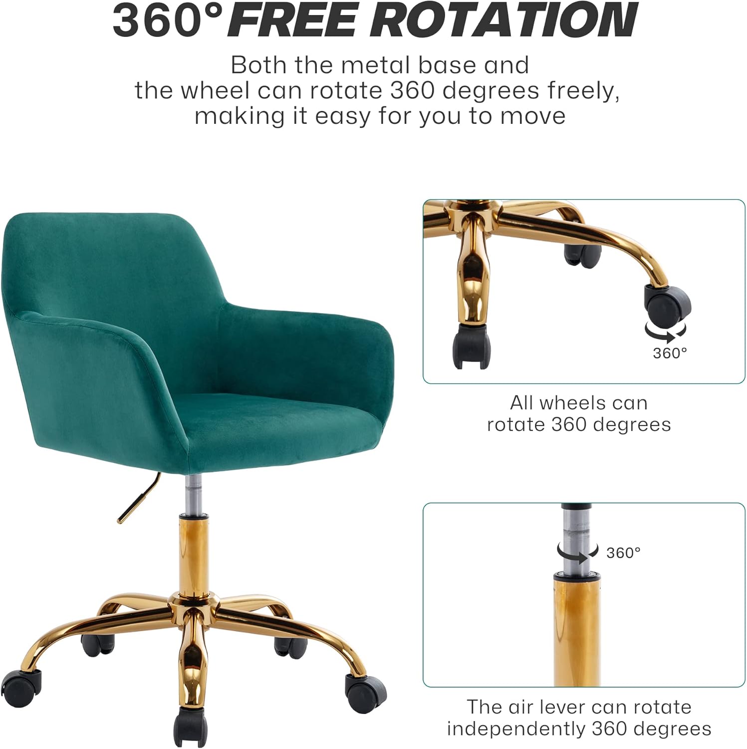 KCC Velvet Office Desk Chair, Comfy Swivel Modern Leisure Armchair with Wheels, Upholstered Comfy Velvet Fabric Makeup Chair Height Adjustable for Teens Women Girls Elegant Home Office, Green