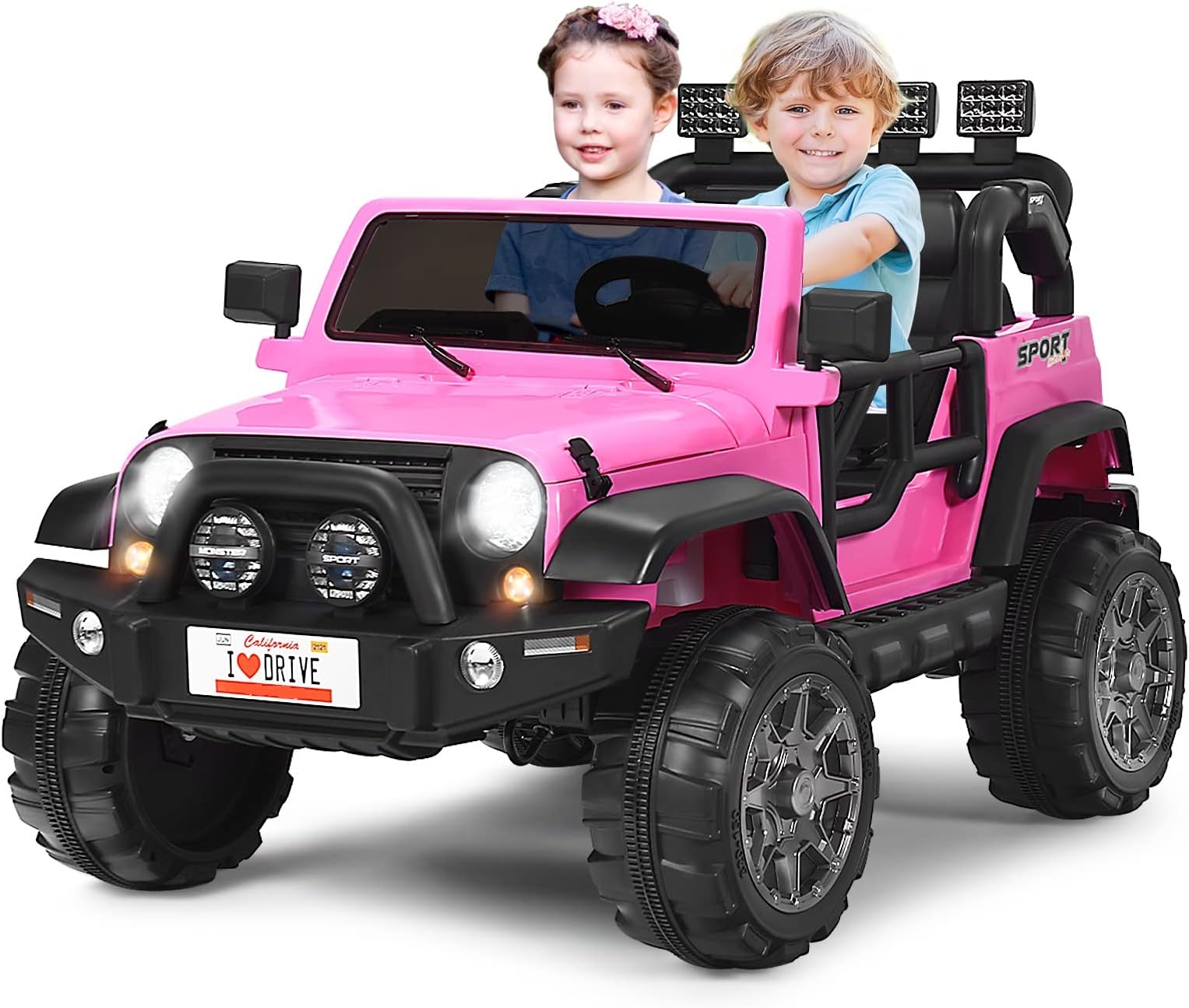 Costzon 2-Seater Ride on Truck, 12V Battery Powered Electric Vehicle Toy w/Storage, Remote Control, 3 Speed, LED Lights, MP3, Horn, Music, 2 Doors Open, Spring Suspension, Ride on Car for Kids (Pink)