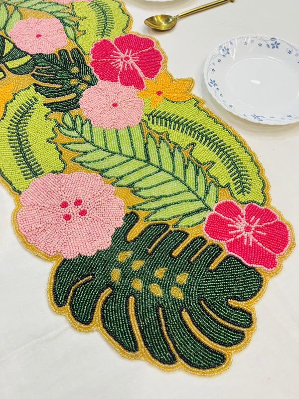 Image of MFU Made For You Hand Beaded Multicolor Floral Table Runner | 13x35 Inches | Pack of 1 | Dining Table Decor | Console Table Accent | Festival & Home Decoration