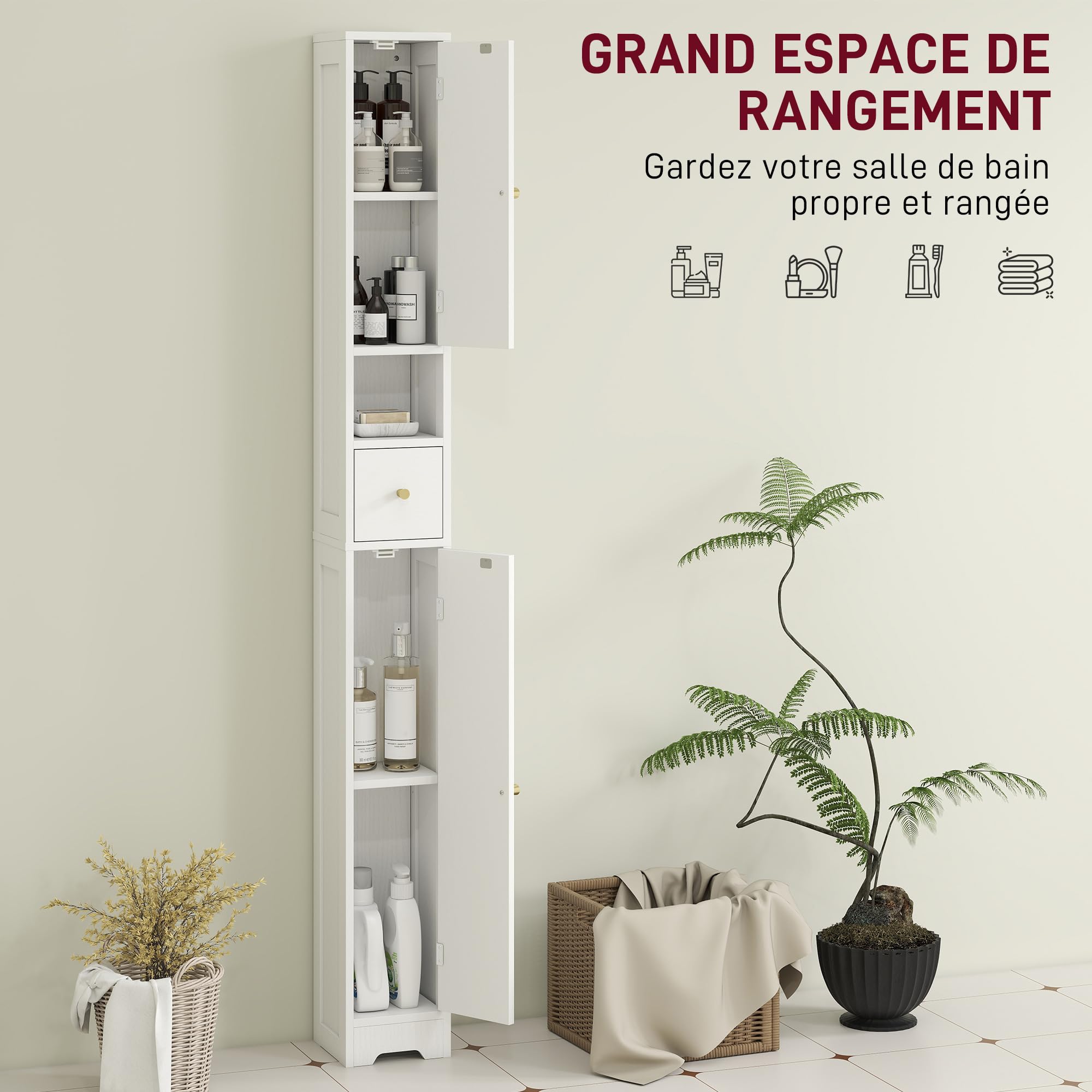 HOMCOM Mobiletto alto da bagno sottile moderno 20x20x185cm Bianco | Armadietto da bagno, ante arcuate, ripiano aperto, armadietto stretto, ripiani regolabili, a terra