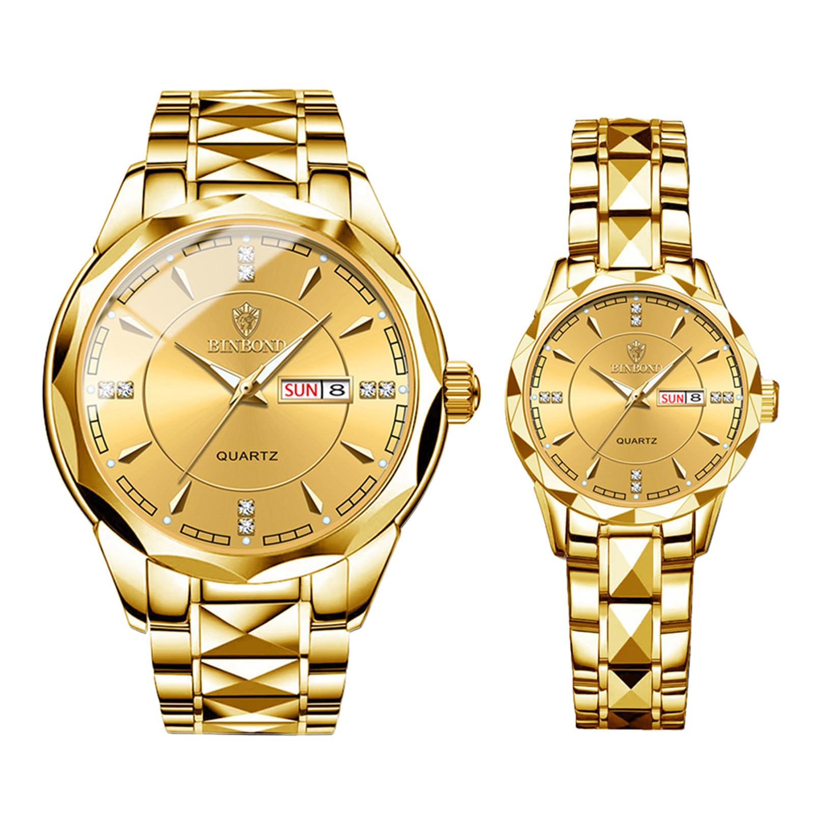 Couple Watches Gift Set: His and Her Rhombus Quartz Analog Stainless Steel Luminous Hands Date 3 ATM Waterproof Business Casual Men Women Watch Sets