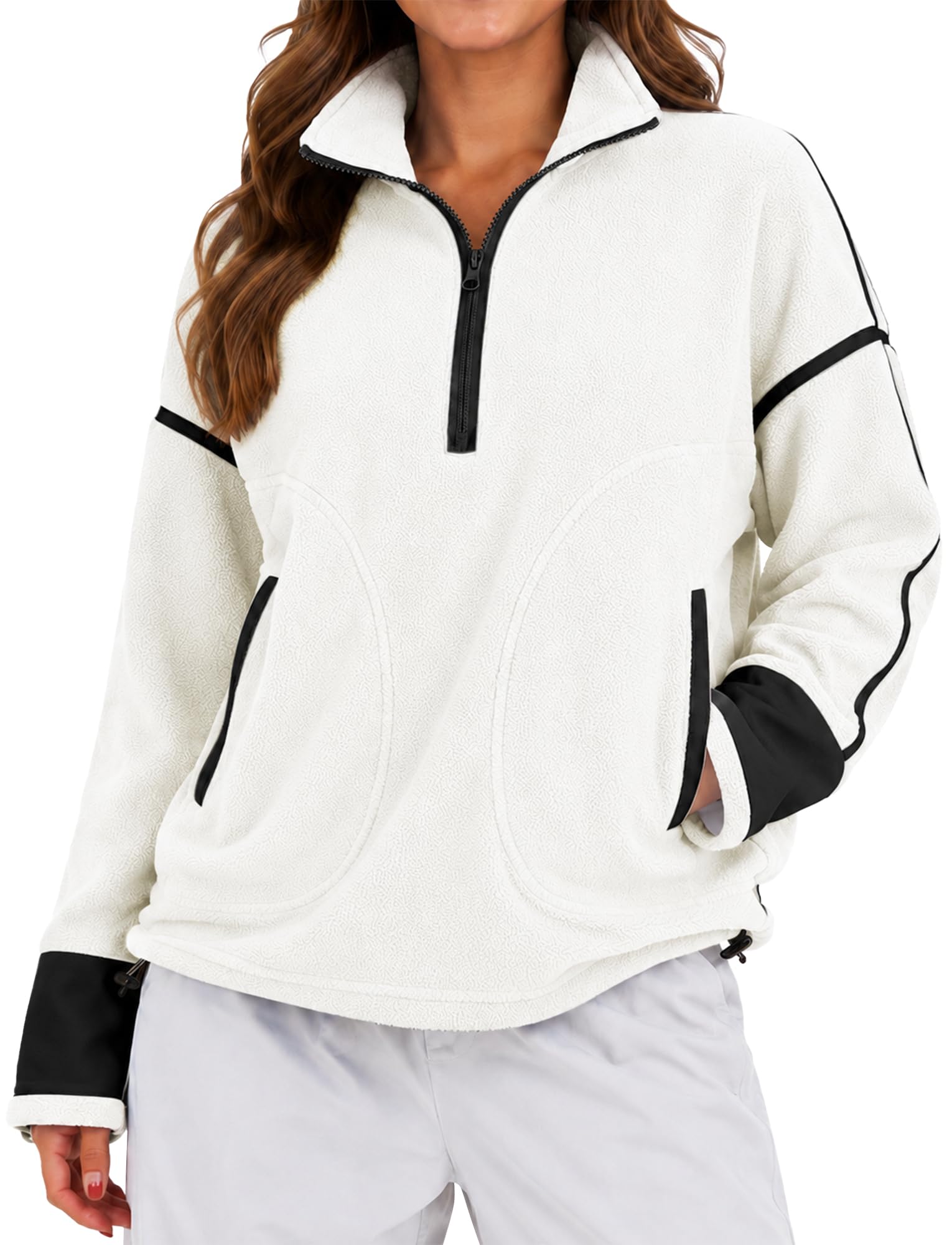 FEOYA Damska bluza polarowa z zamkiem błyskawicznym oversize, ciepły sweter, biały, M | Polarowy top z kieszeniami na jesień zimę sport spacery piesze codzienne odzież domowa
