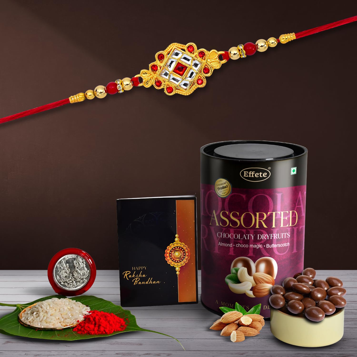 DeoDap (K1_515_AS) Rakhi Combo with Assorted Chocolate Dryfruits 96gm| Rakhi for brother with gift | chocolate gift pack |rakhi with Chocolate Gift Hemper | Fancy Rakhi for men | Set of 1 |-image-43