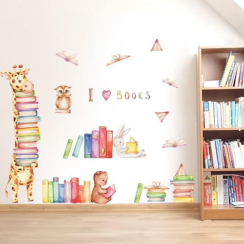Miniatura 5 de Kasubeso Calcomanías de pared de libros de lectura de animales, acuarela, grande, jirafa, oso, conejo, búho, lectura, libros, calcomanías de pared
